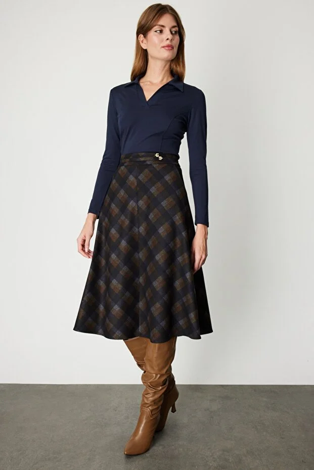 EKOL Kadın Ekoseli Midi Etek 2041