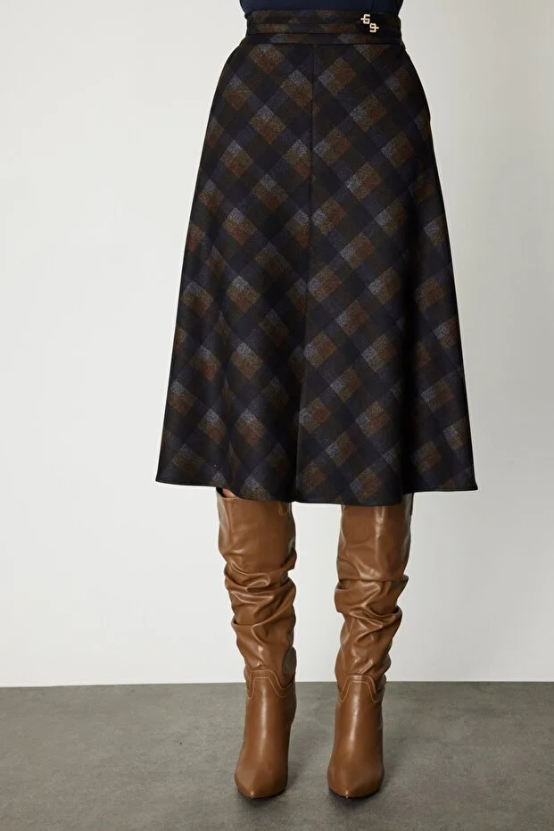 EKOL Kadın Ekoseli Midi Etek 2041 - kahve