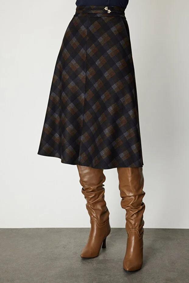 EKOL Kadın Ekoseli Midi Etek 2041 - kahve