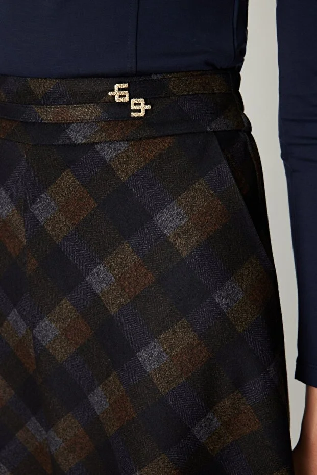 EKOL Kadın Ekoseli Midi Etek 2041 - kahve