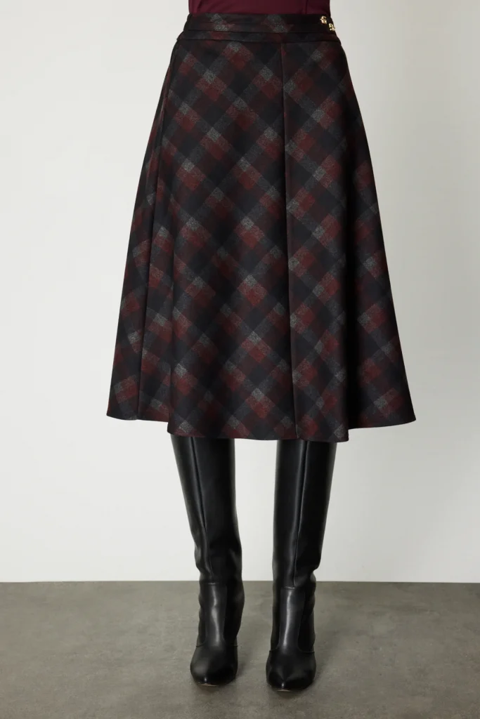 EKOL Kadın Ekoseli Midi Etek 2041 - bordo