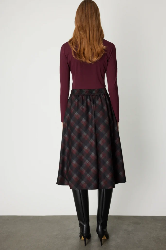 EKOL Kadın Ekoseli Midi Etek 2041 - bordo