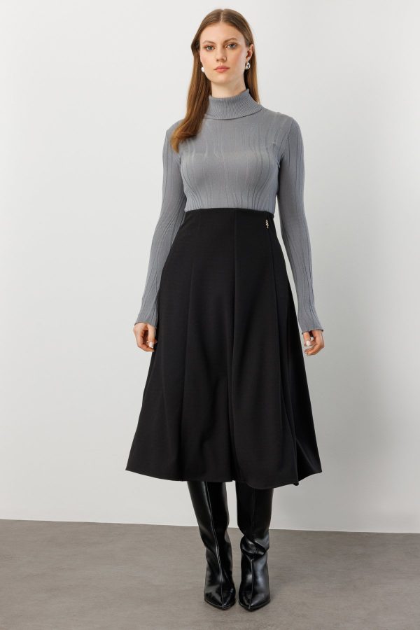 EKOL Midi Boy Pileli Broşlu Etek 2059