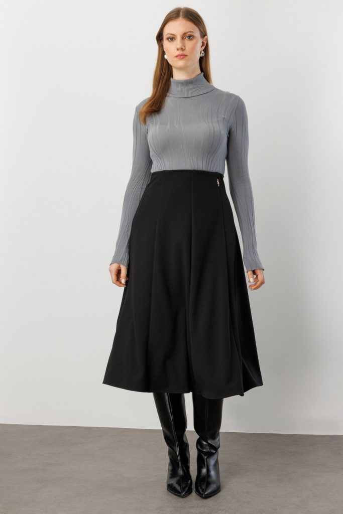 EKOL Midi Boy Pileli Broşlu Etek 2059 - Siyah