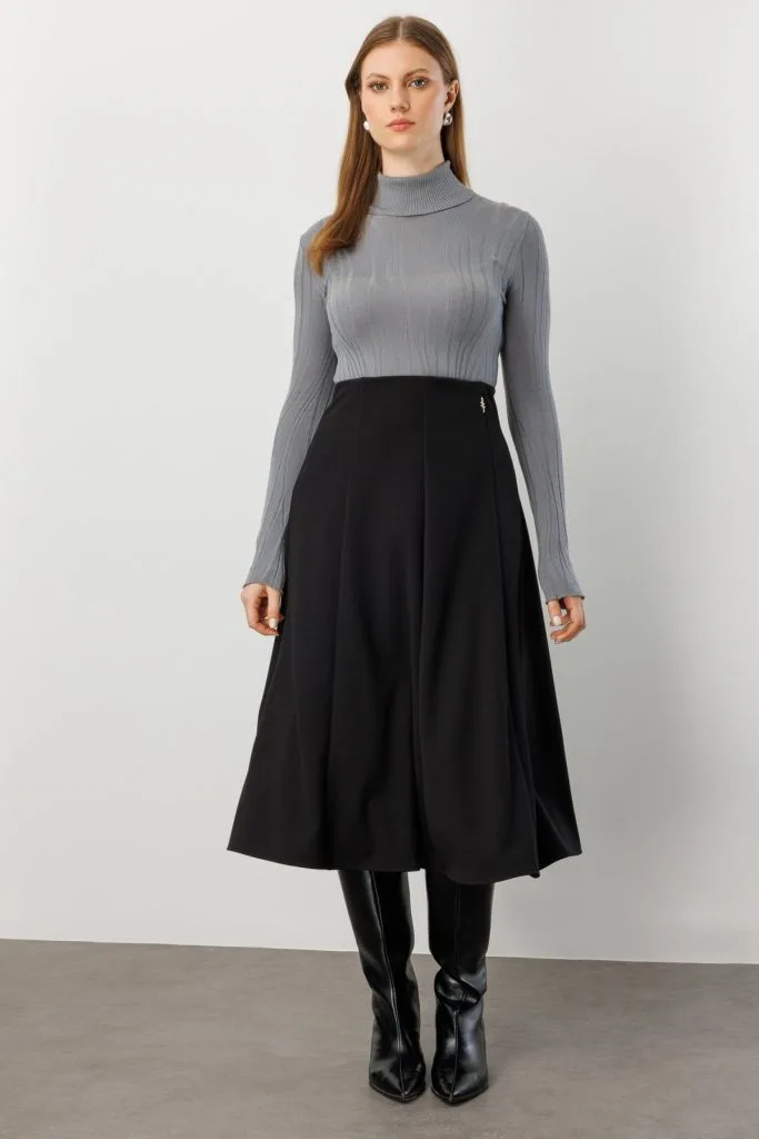 EKOL Midi Boy Pileli Broşlu Etek 2059