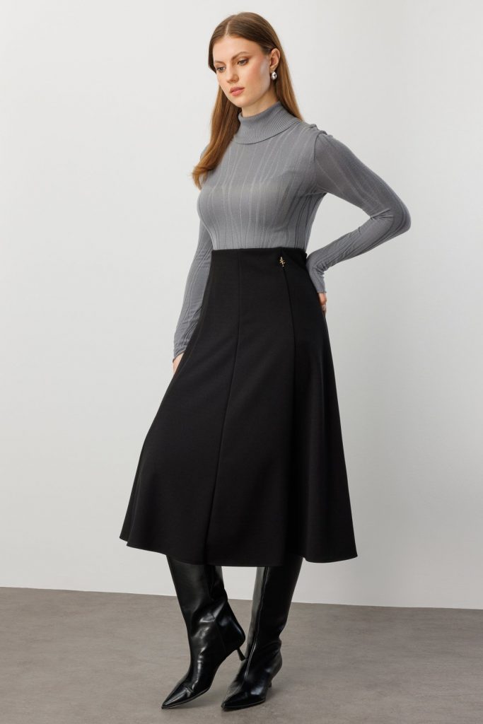 EKOL Midi Boy Pileli Broşlu Etek 2059 - Siyah