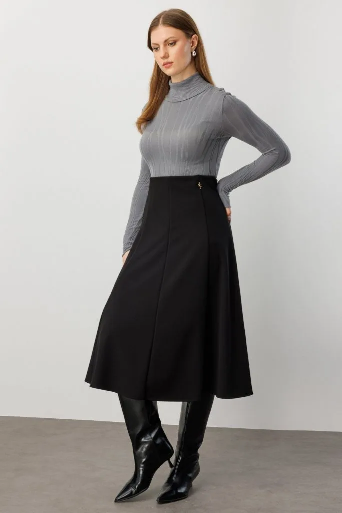 EKOL Midi Boy Pileli Broşlu Etek 2059