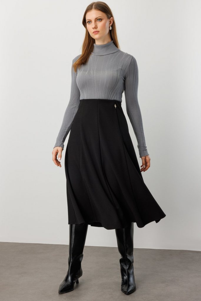 EKOL Midi Boy Pileli Broşlu Etek 2059 - Siyah