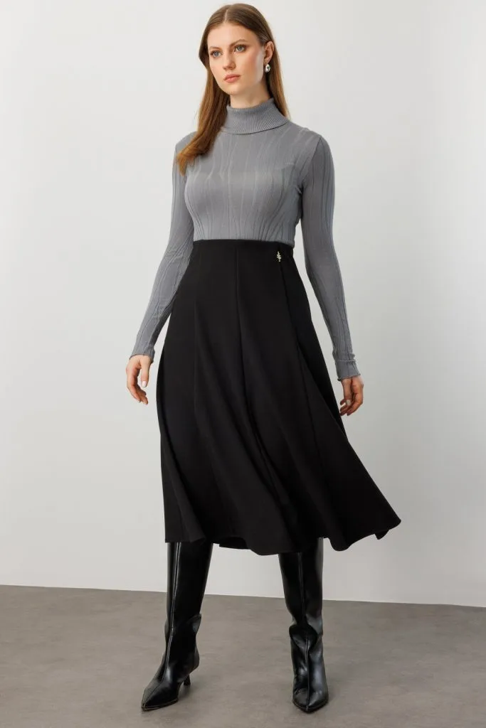 EKOL Midi Boy Pileli Broşlu Etek 2059