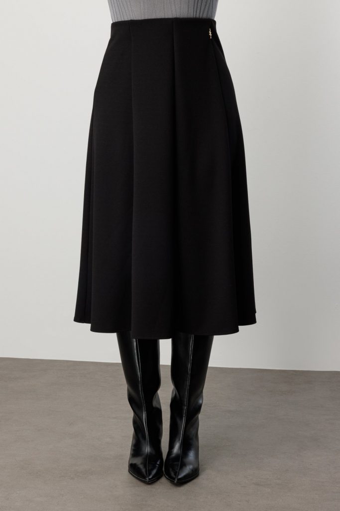 EKOL Midi Boy Pileli Broşlu Etek 2059 - Siyah