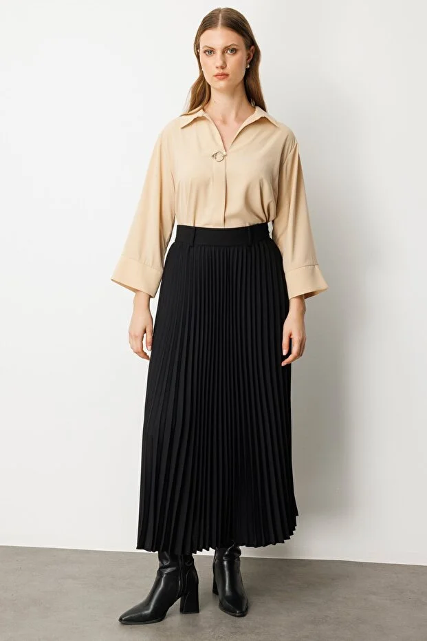 EKOL Büyük Beden Piliseli Maxi Boy kadın Etek 2103 - Siyah