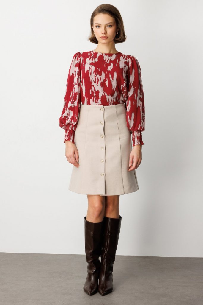 EKOL Önü Düğmeli Diz Üstü Kaşe Etek 2109 - KUM