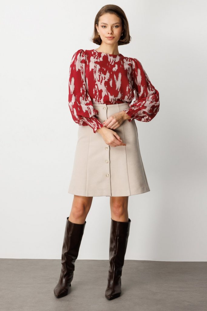 EKOL Önü Düğmeli Diz Üstü Kaşe Etek 2109 - KUM