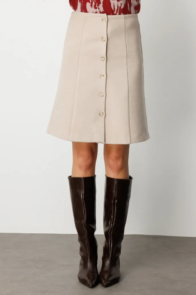 EKOL Önü Düğmeli Diz Üstü Kaşe Etek 2109 - KUM