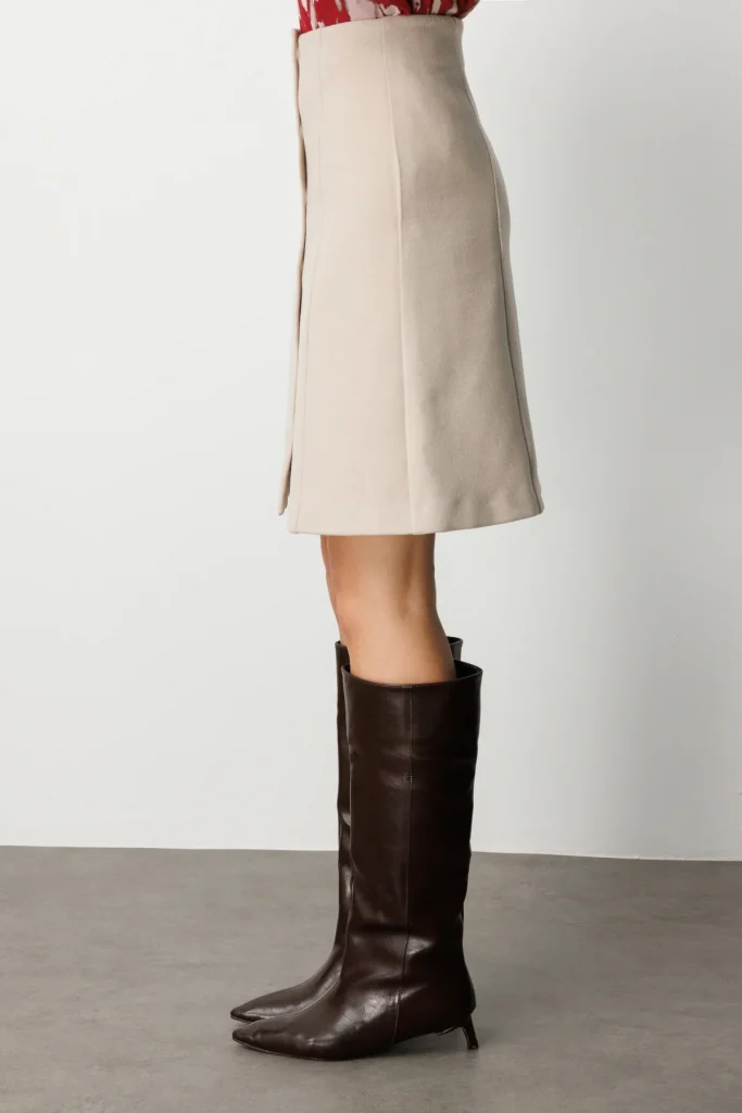 EKOL Önü Düğmeli Diz Üstü Kaşe Etek 2109 - KUM