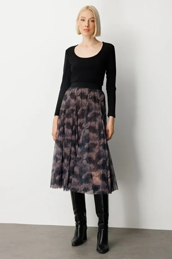 EKOL Astarı Taşlı Desenli Tül Etek 2407