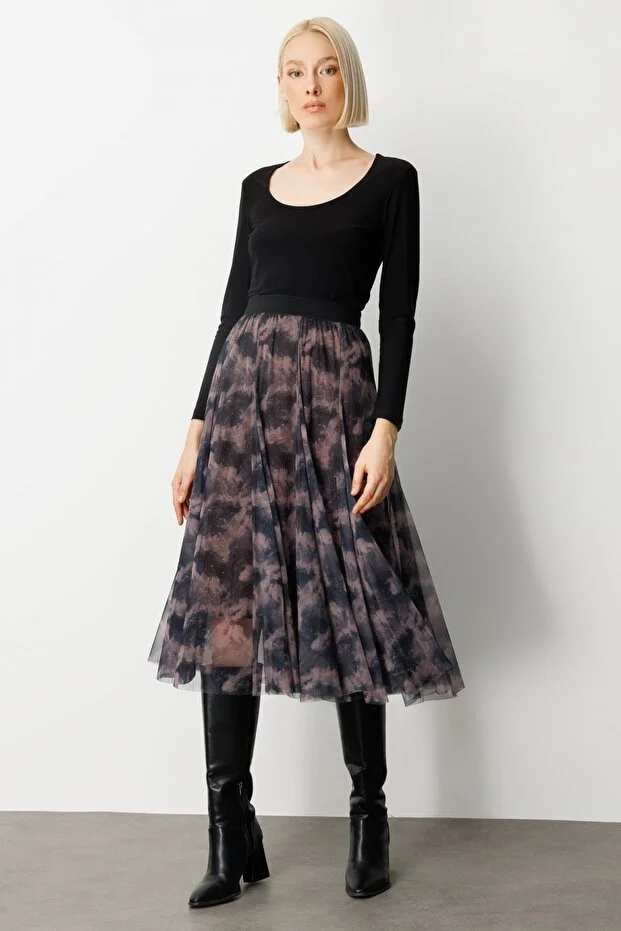 EKOL Astarı Taşlı Desenli Tül Etek 2407