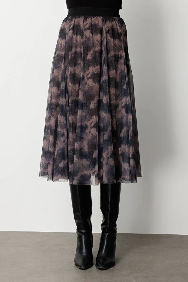 EKOL Astarı Taşlı Desenli Tül Etek 2407 - kahve