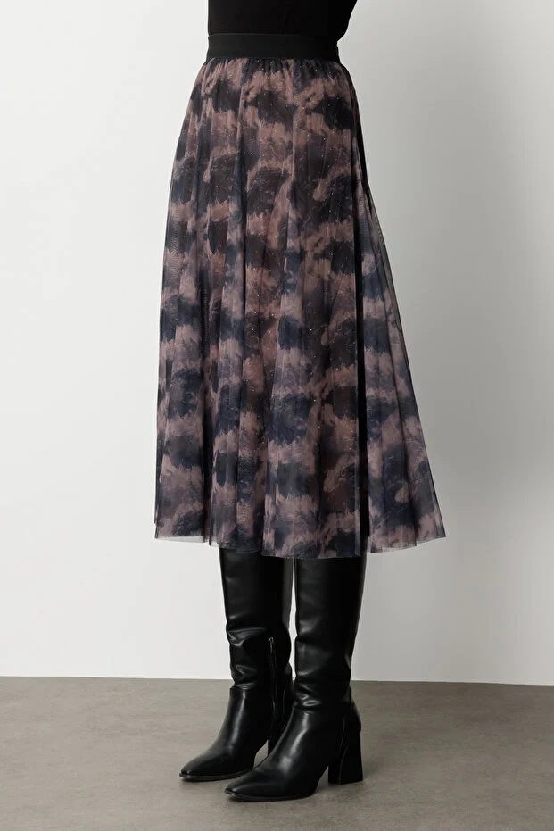 EKOL Astarı Taşlı Desenli Tül Etek 2407 - kahve