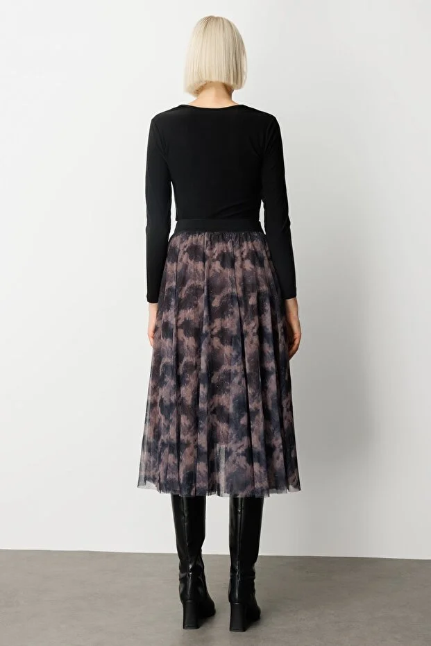 EKOL Astarı Taşlı Desenli Tül Etek 2407 - kahve