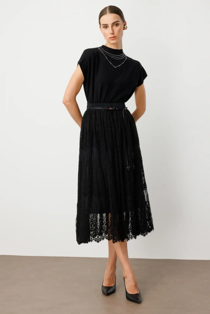 EKOL Beli Bağcıklı Dantelli Etek 2419 - Siyah