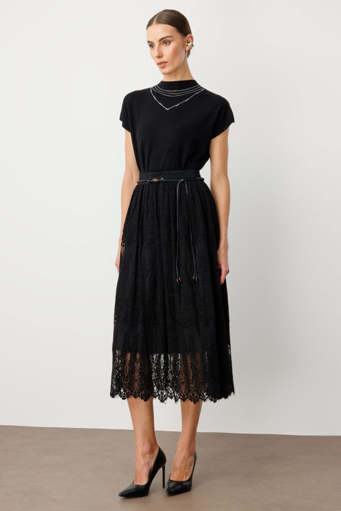 EKOL Beli Bağcıklı Dantelli Etek 2419 - Siyah