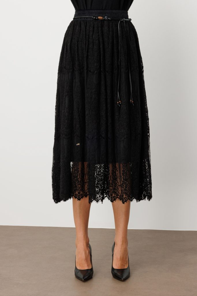 EKOL Beli Bağcıklı Dantelli Etek 2419 - Siyah