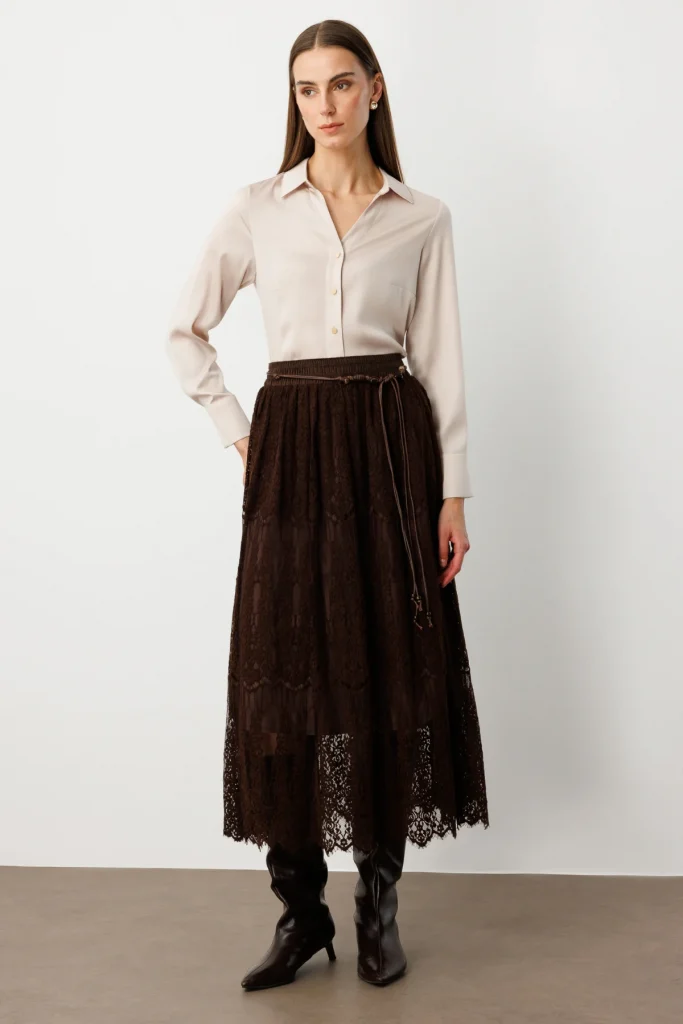 EKOL Beli Bağcıklı Dantelli Etek 2419 - kahve