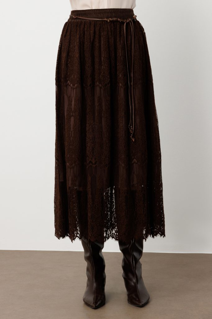 EKOL Beli Bağcıklı Dantelli Etek 2419 - kahve