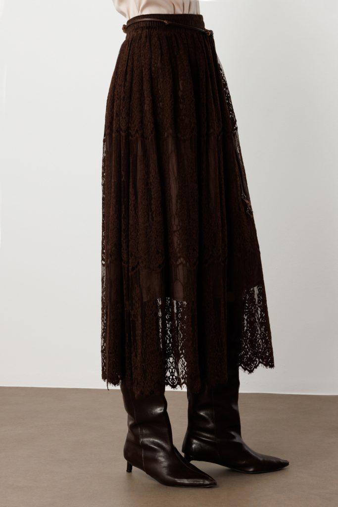 EKOL Beli Bağcıklı Dantelli Etek 2419 - kahve