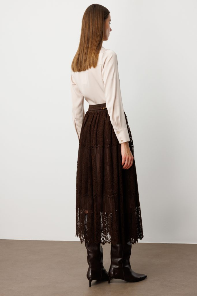 EKOL Beli Bağcıklı Dantelli Etek 2419 - kahve