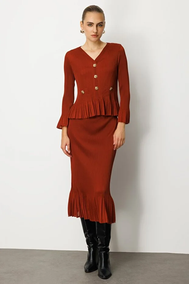 EKOL Etek Ucu Piliseli Midi Etek 3915 - kakao