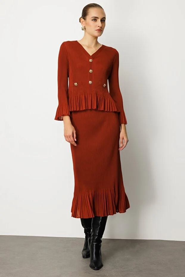 EKOL Etek Ucu Piliseli Midi Etek 3915 - kakao