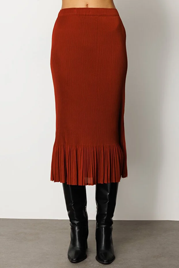 EKOL Etek Ucu Piliseli Midi Etek 3915 - kakao