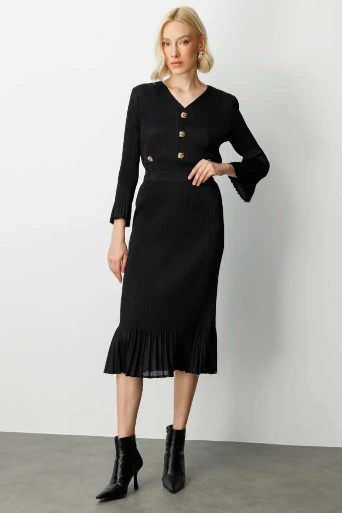 EKOL Etek Ucu Piliseli Midi Etek 3915 - Siyah