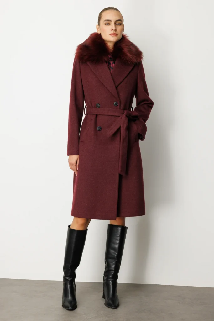 EKOL Yakası Kürklü Beli Kuşaklı Kaban  6001 - bordo