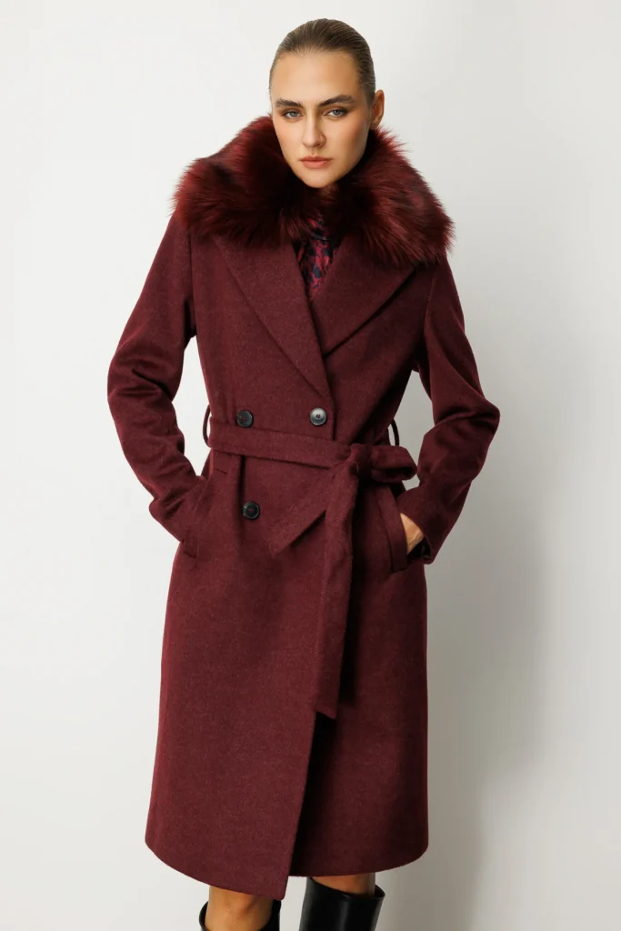 EKOL Yakası Kürklü Beli Kuşaklı Kaban  6001 - bordo