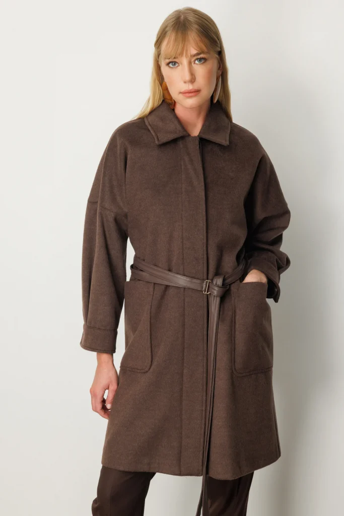 EKOL Yakası Kürklü Beli Kuşaklı Kaban  6001 - kahve