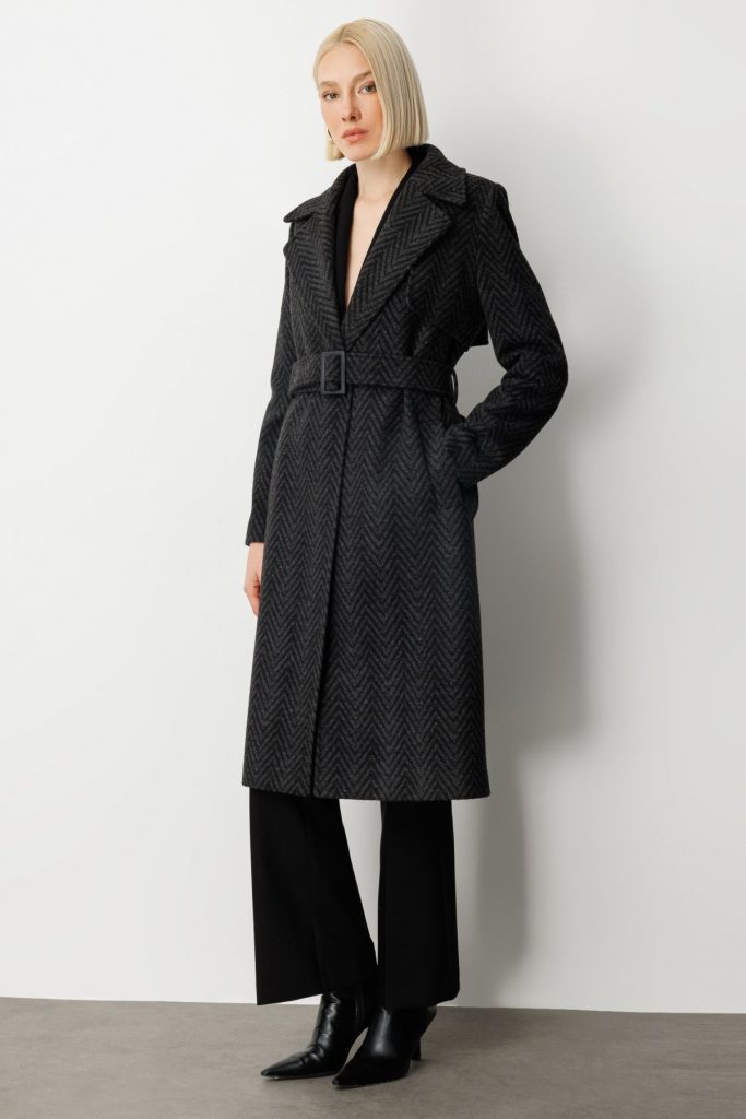 EKOL Beli Kemerli Kaşe Kaban 6003 - ANTRASİT