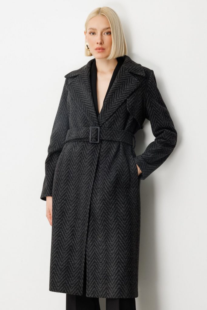 EKOL Beli Kemerli Kaşe Kaban 6003 - ANTRASİT