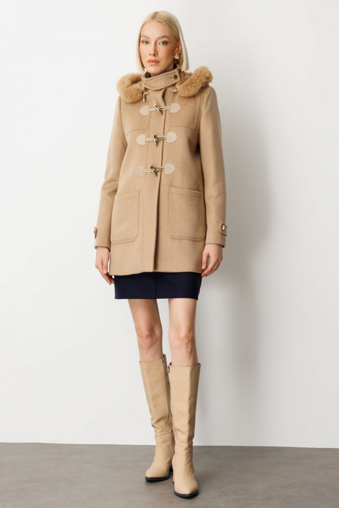 EKOL Yakası Kürklü Kapüşonlu Kaban 6015 - camel