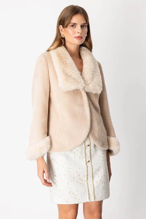 EKOL Yakası Kürklü Peluş Mont 6027 - KUM