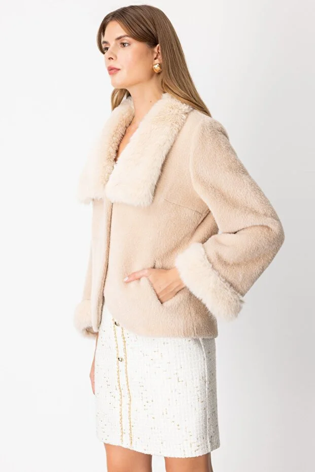 EKOL Yakası Kürklü Peluş Mont 6027 - KUM