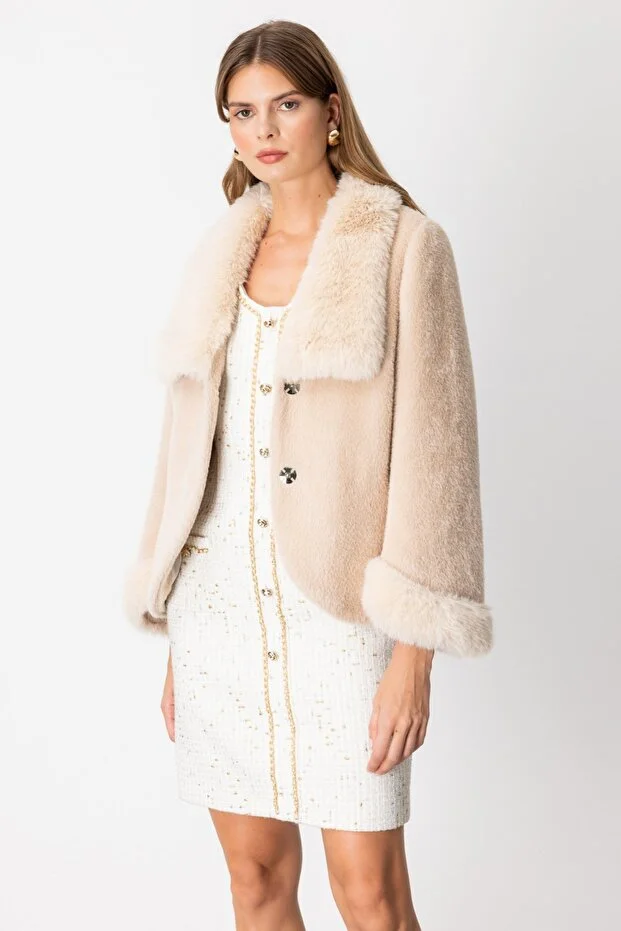 EKOL Yakası Kürklü Peluş Mont 6027 - KUM