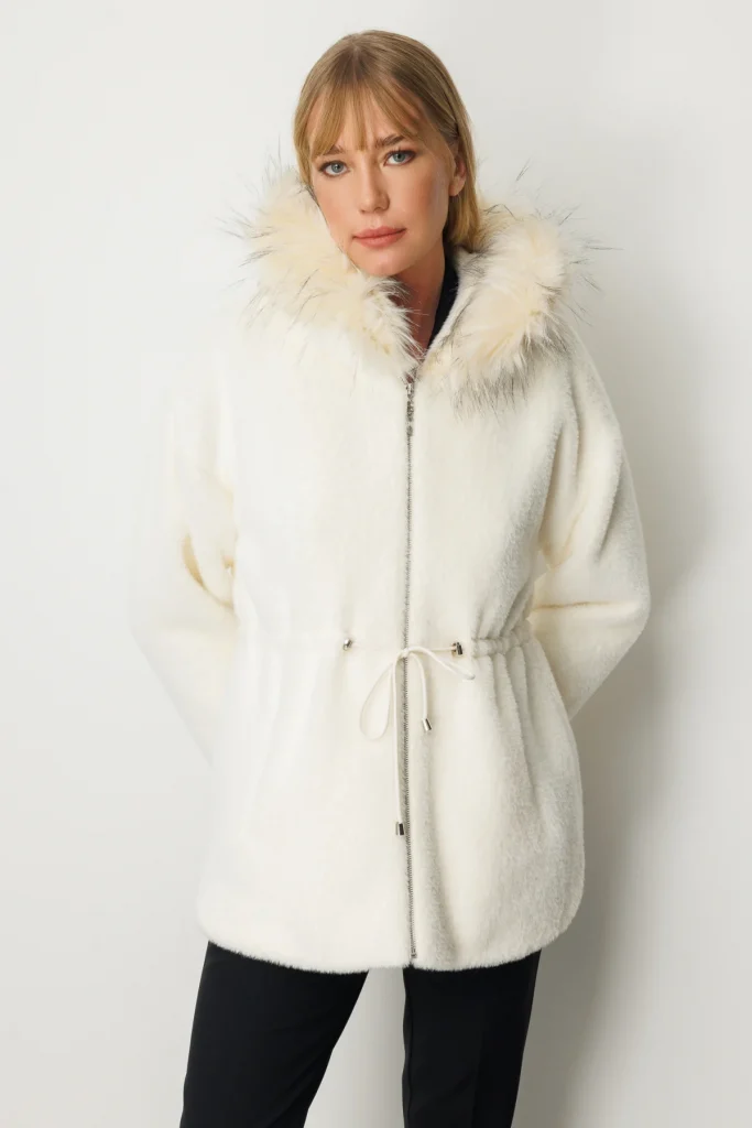 EKOL Kapüşonlu Peluş Kaban Ekru 6029 - EKRU
