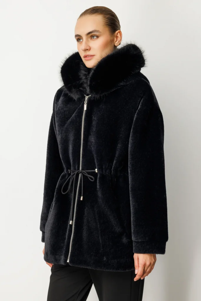 EKOL Kapüşonlu Peluş Kaban Ekru 6029 - Siyah