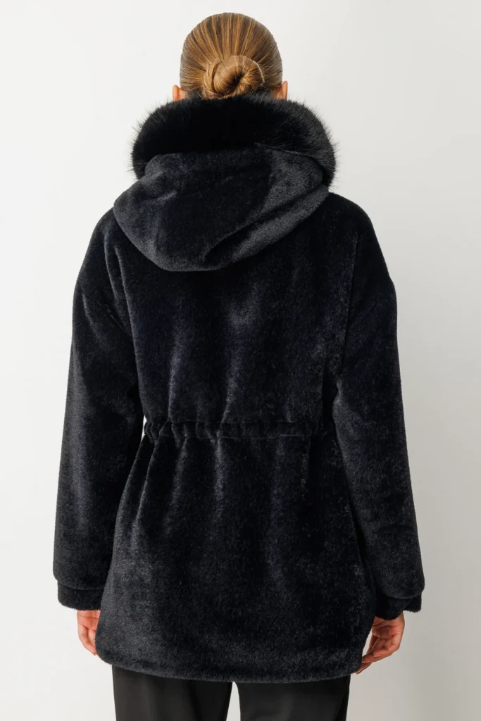 EKOL Kapüşonlu Peluş Kaban Ekru 6029 - Siyah