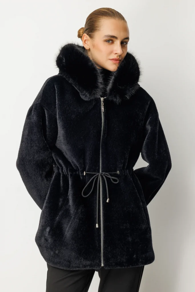 EKOL Kapüşonlu Peluş Kaban Ekru 6029 - Siyah