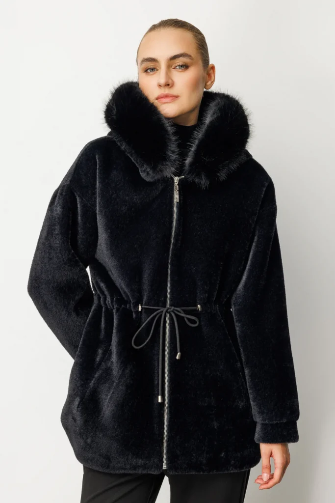 EKOL Kapüşonlu Peluş Kaban Ekru 6029 - Siyah