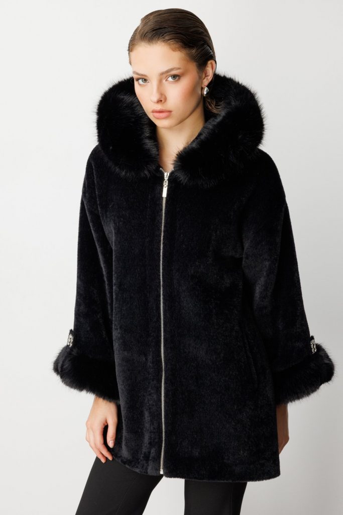 EKOL Kürk Detaylı Uzun Peluş Mont 6031 - Siyah